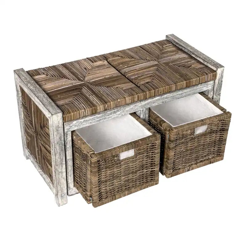 Banc de rangement rustique gris à 2 tiroirs en osier, 30 po