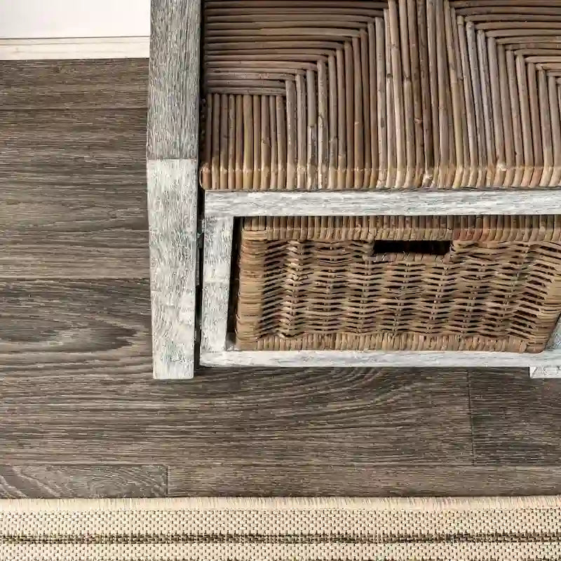 Banc de rangement rustique gris à 2 tiroirs en osier, 30 po