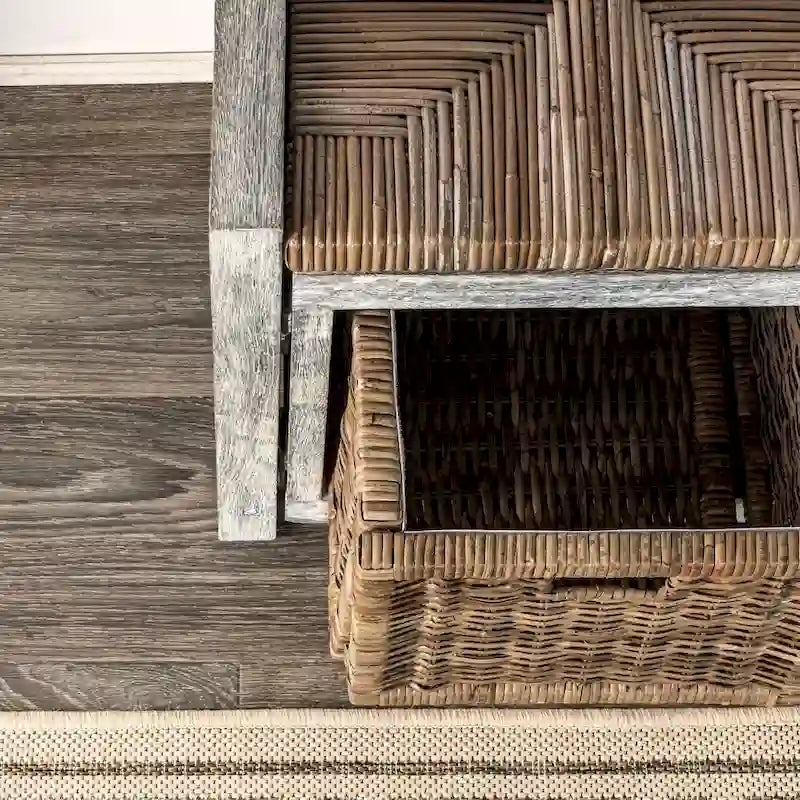 Banc de rangement rustique gris à 2 tiroirs en osier, 30 po