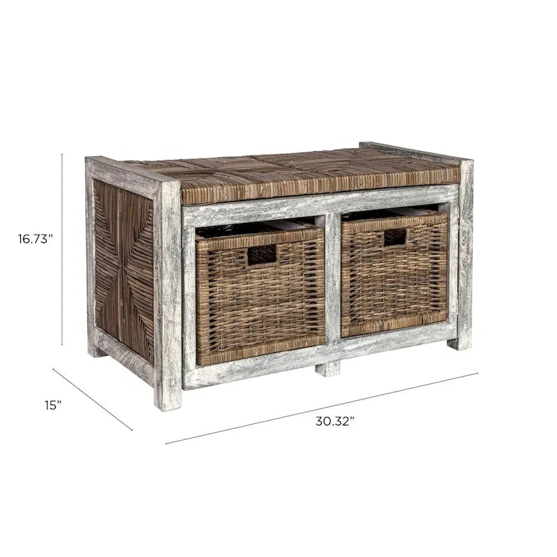 Banc de rangement rustique gris à 2 tiroirs en osier, 30 po