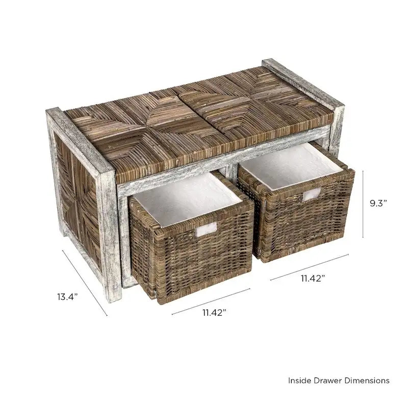 Banc de rangement rustique gris à 2 tiroirs en osier, 30 po