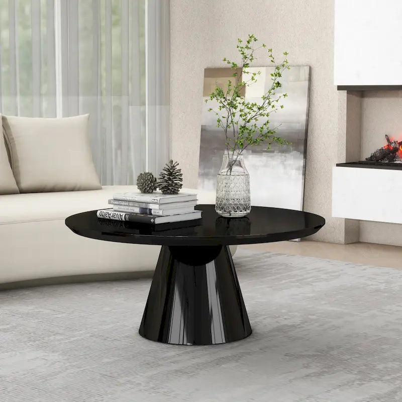 Table Basse Cône Moderne pour Salon, Finition Brillante, 90cm de Diamètre, Noir ou Blanc