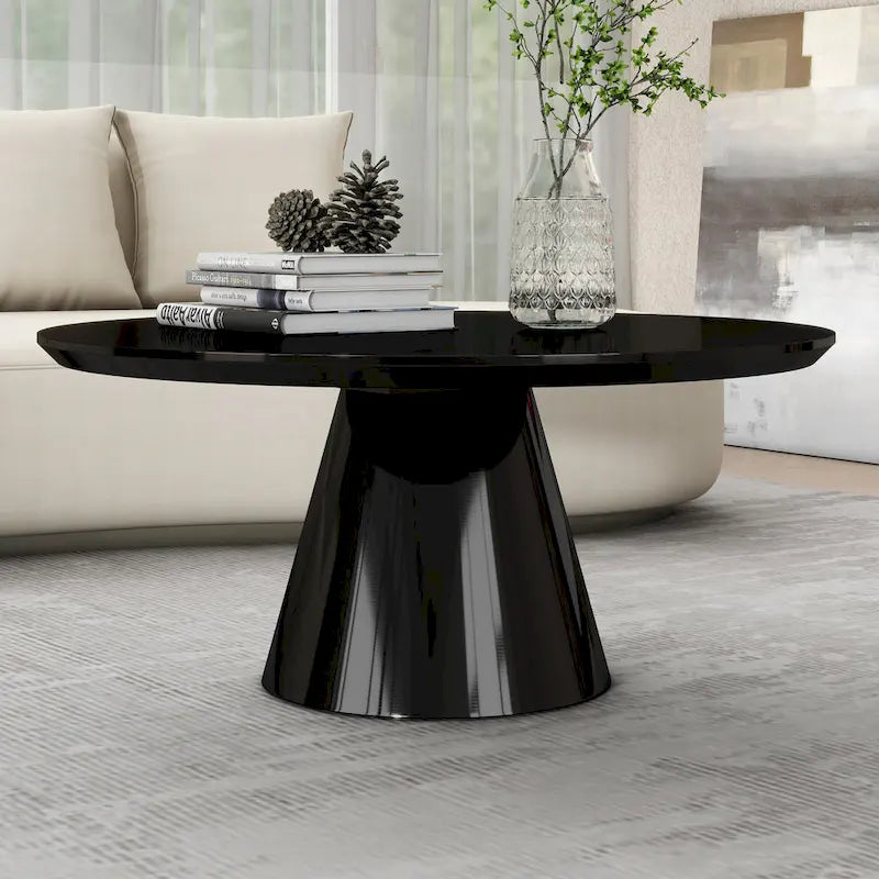 Table Basse Cône Moderne pour Salon, Finition Brillante, 90cm de Diamètre, Noir ou Blanc