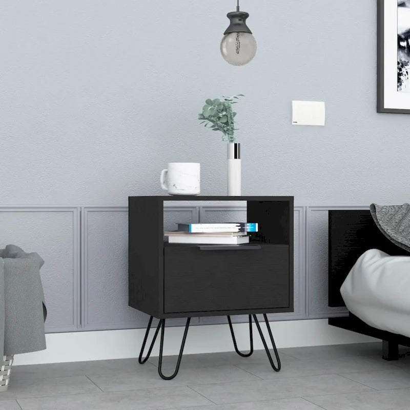 Table de chevet 22H, une étagère ouverte, une armoire à une porte, pieds épingles, noire