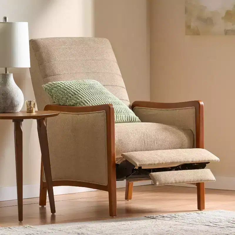 GDFStudio Mendota Mid Century Modern Fabric Channel Stitch Wood Pushback Recliner
