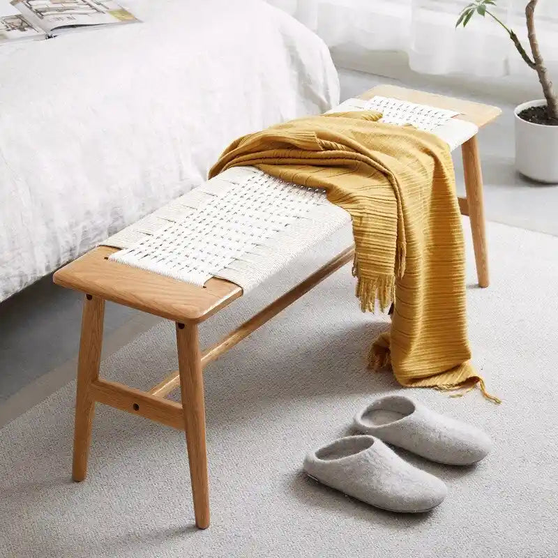 Woven Design Natural Oak Wood Dining Bench, Bed Bench, Entryway Bench, for Dining Room, Bedroom, Bathroom