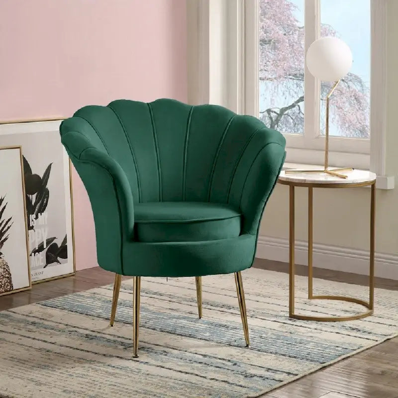 Fauteuil crapaud en velours avec dossier festonné et pieds en métal