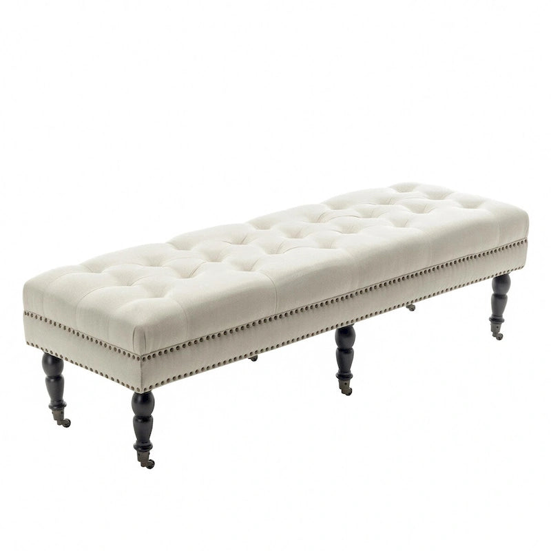Banc décoratif rembourré (avec pieds en bois d'hévéa et roulettes)