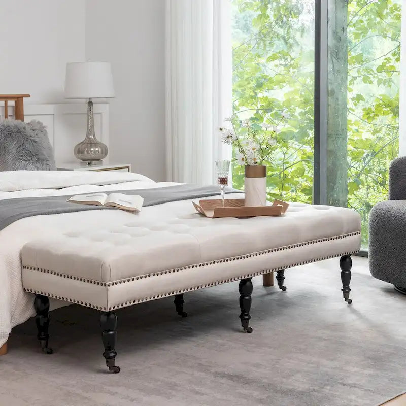 Banc décoratif rembourré (avec pieds en bois d'hévéa et roulettes)