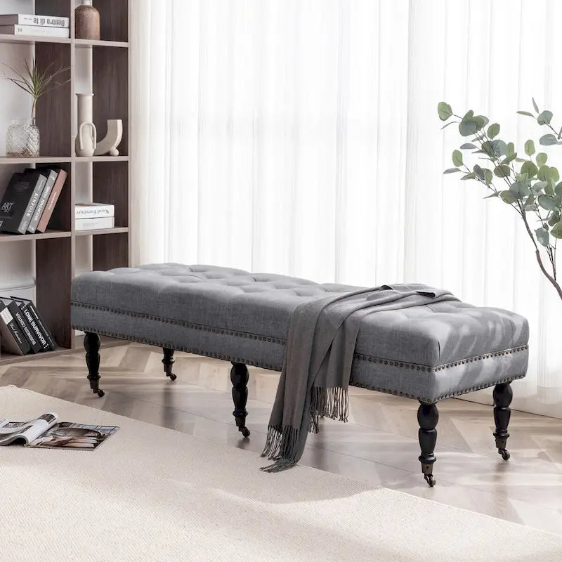 Banc décoratif rembourré (avec pieds en bois d'hévéa et roulettes)