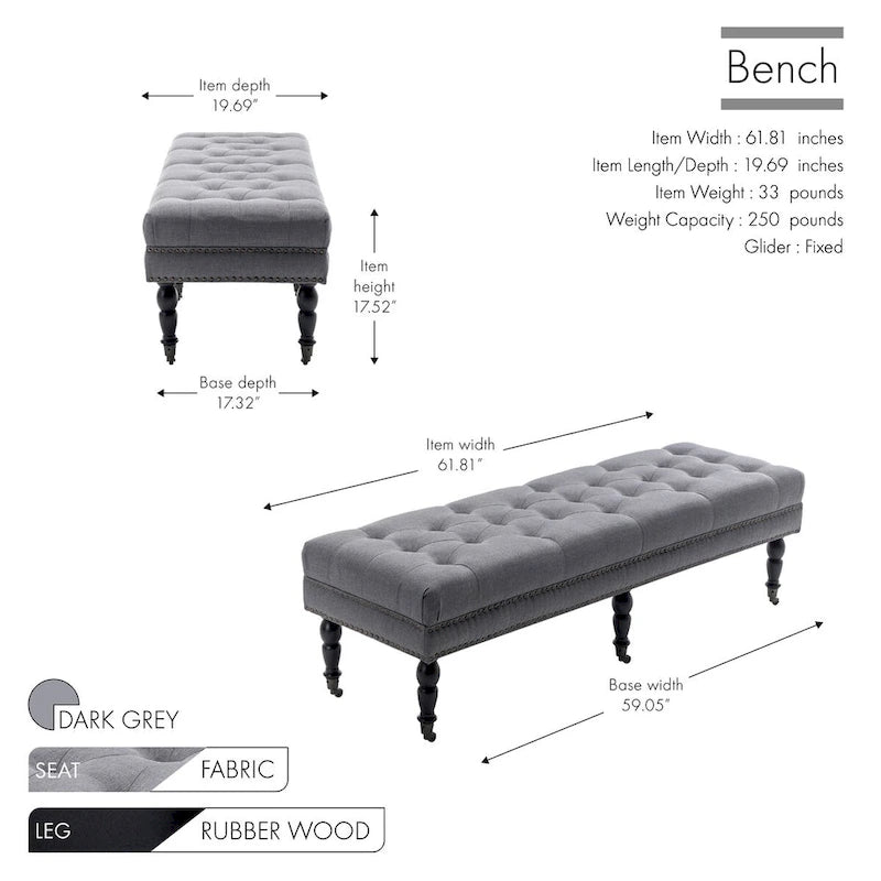Banc décoratif rembourré (avec pieds en bois d'hévéa et roulettes)