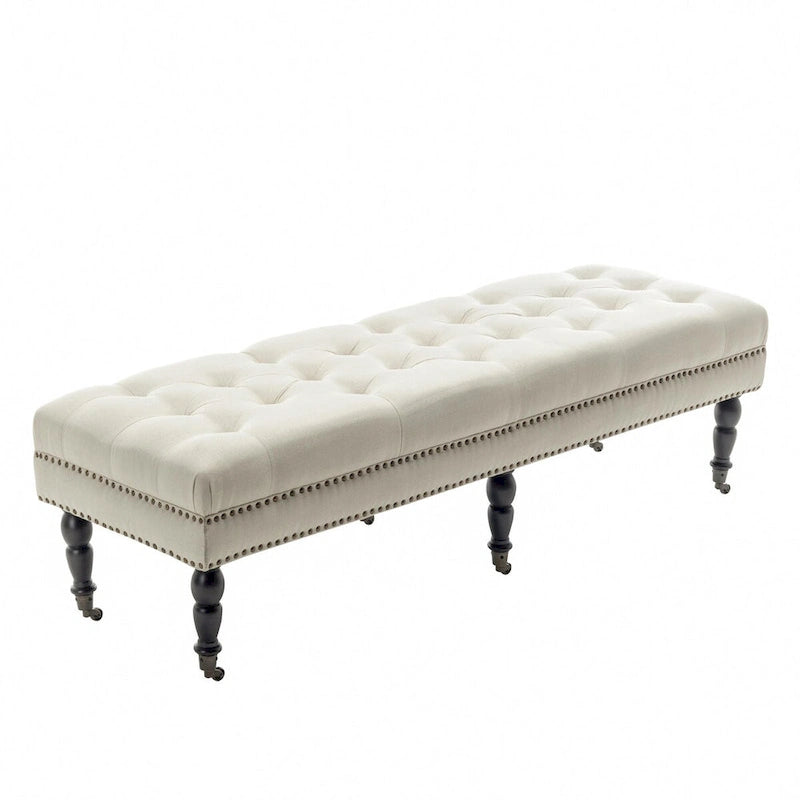 Banc décoratif rembourré (avec pieds en bois d'hévéa et roulettes)