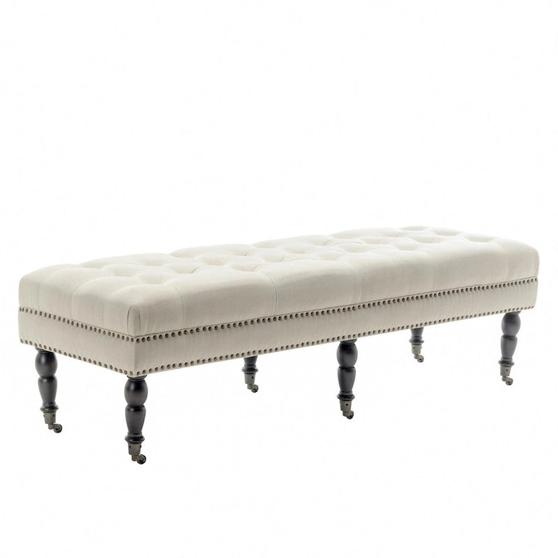 Banc décoratif rembourré (avec pieds en bois d'hévéa et roulettes)