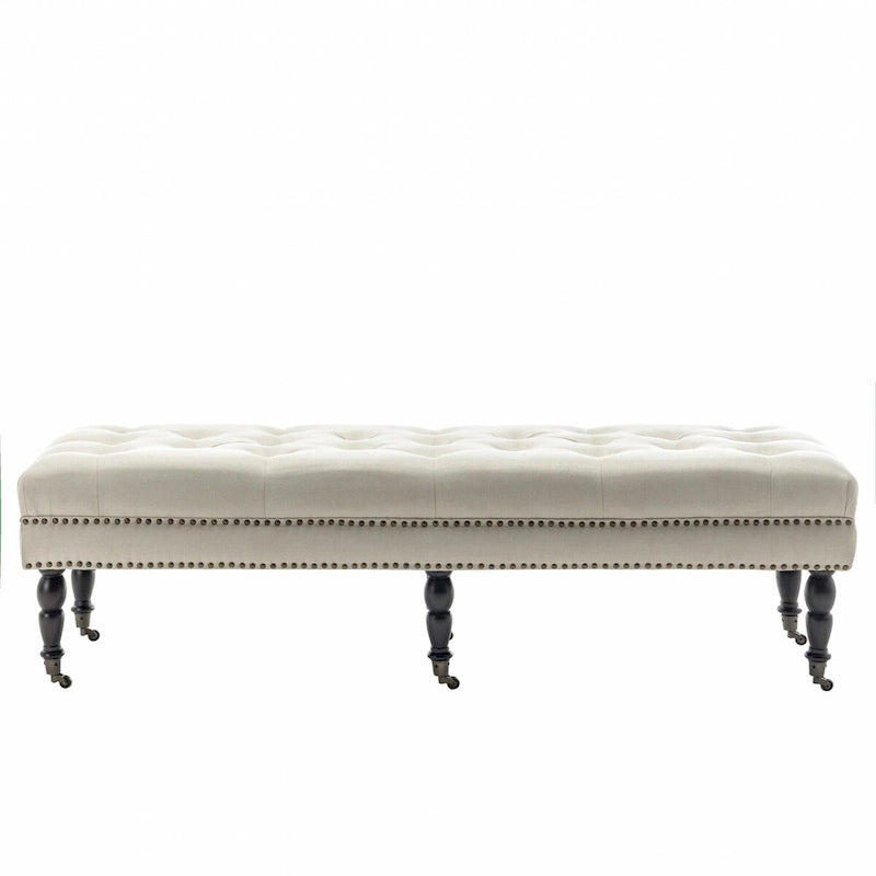 Banc décoratif rembourré (avec pieds en bois d'hévéa et roulettes)