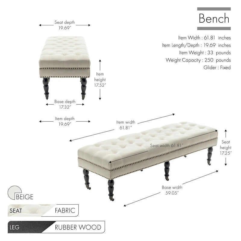 Banc décoratif rembourré (avec pieds en bois d'hévéa et roulettes)