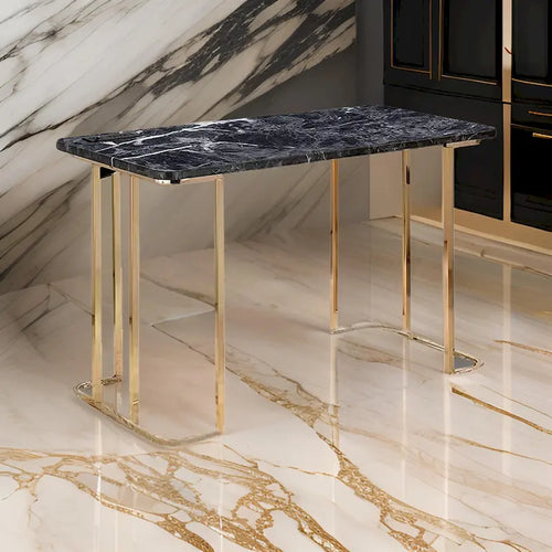 Jenny 47 Inch Desk, USB Power Outlet, Gold Metal Legs, Black Faux Marble
