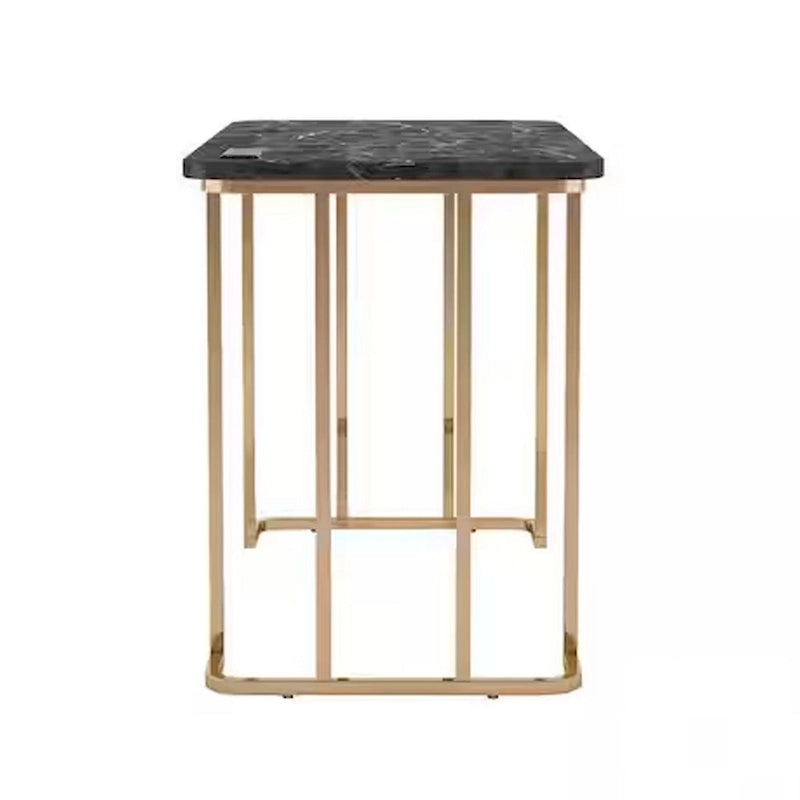 Bureau de 120 cm, prise de courant USB, pieds en métal doré, faux marbre noir