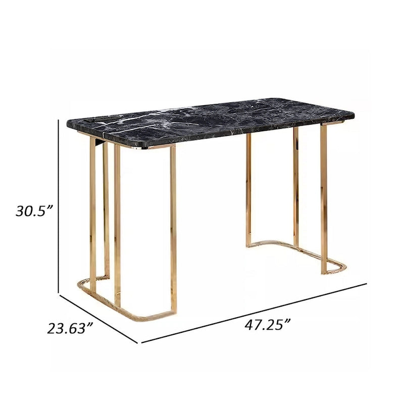 Bureau de 120 cm, prise de courant USB, pieds en métal doré, faux marbre noir